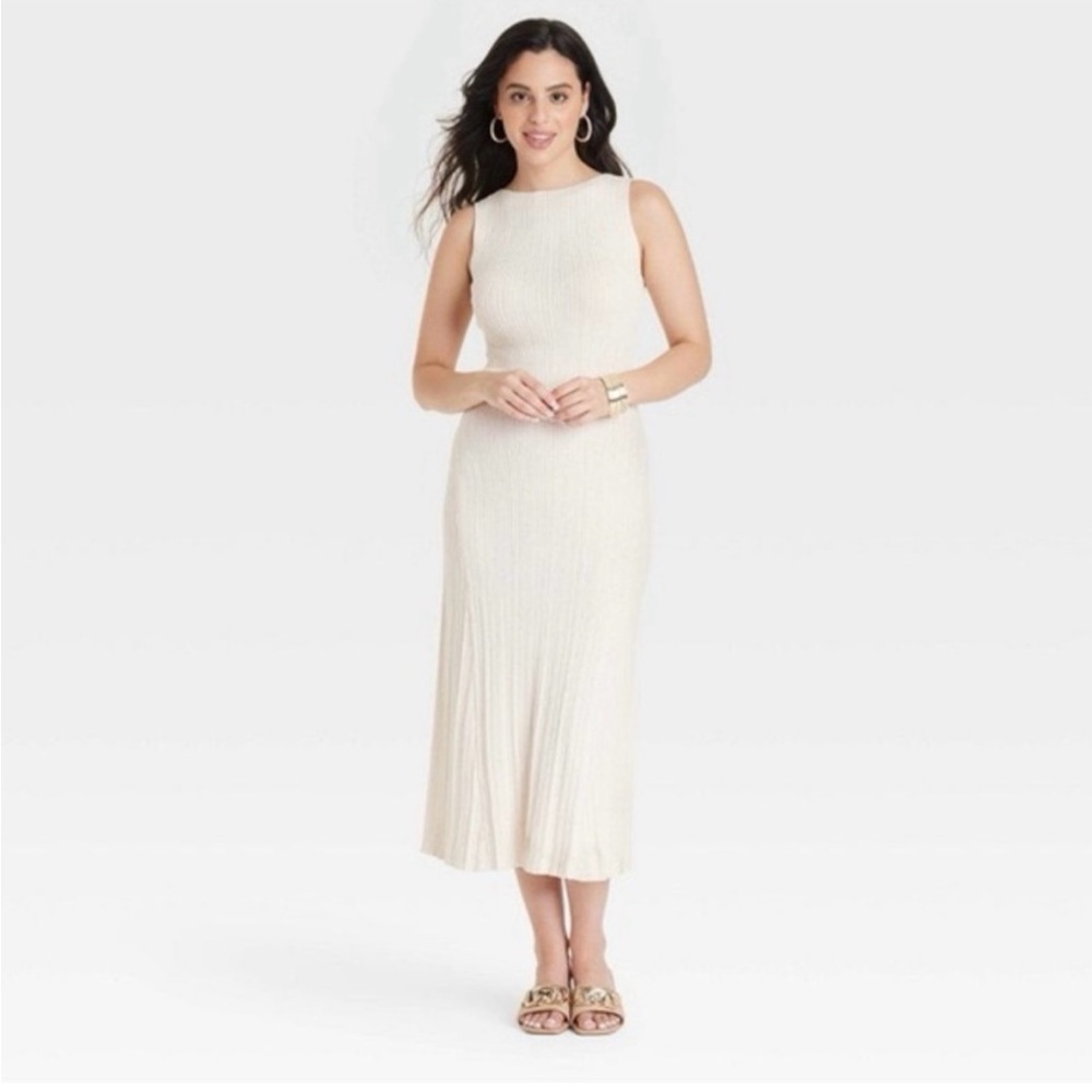 NWT a new day Beige Faux Plisse Midi Sweater Dress SZ M